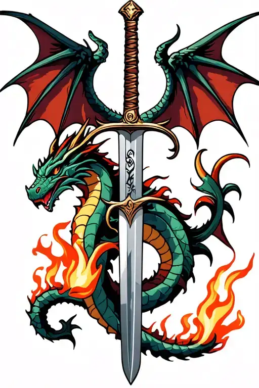 dragon wings spread behind a sword with tail wrapped around it with fire tattoo design idea