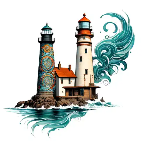 A lighthouse with intricate Indian patterns and designs tattoo design idea