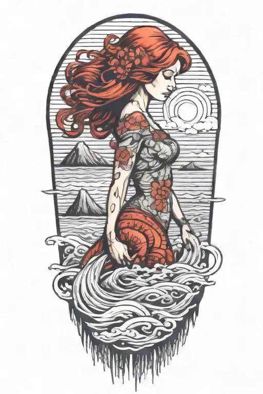 female, red hair, hawaii, volcano, sea turles tattoo design idea