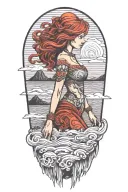 female, red hair, hawaii, volcano, sea turles tattoo design idea