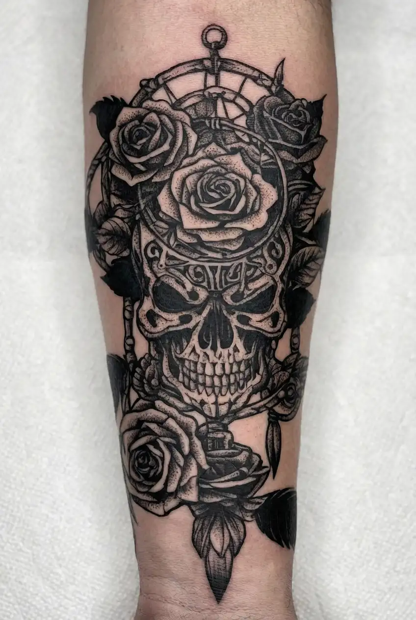 dreamcatcher with skeleton hand holding a rose intertwined tattoo design idea