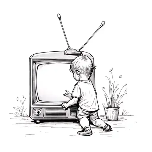 A 7-year-old child is watching an old TV and holding his hand tattoo design idea