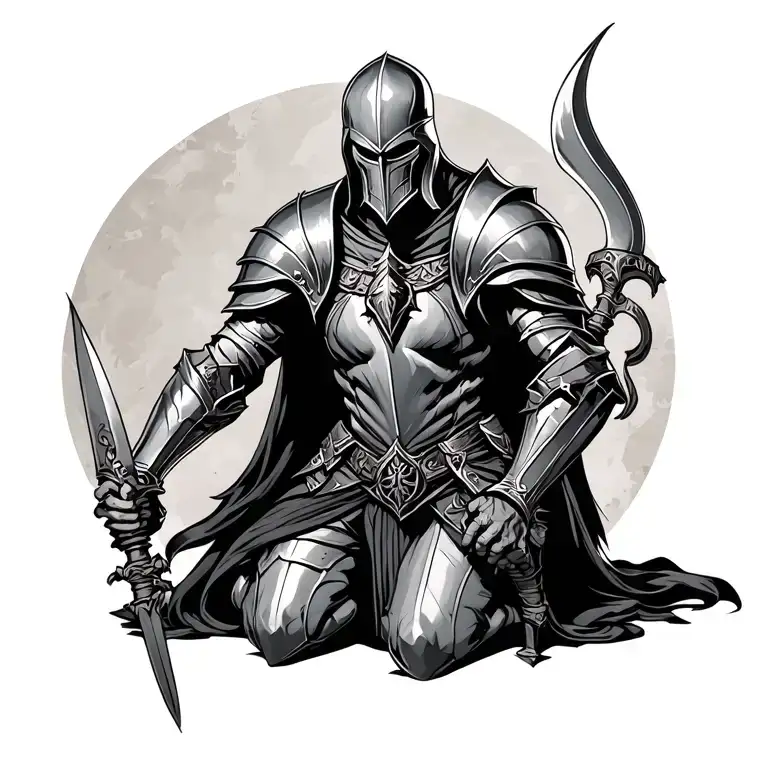 fallen knight kneeling tattoo design idea