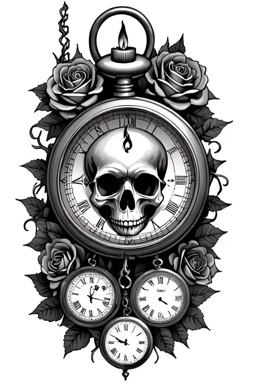 3 pocket watches,  1 compass, 1 skull with candle on it surrounded with roses, thorny vines tattoo design idea