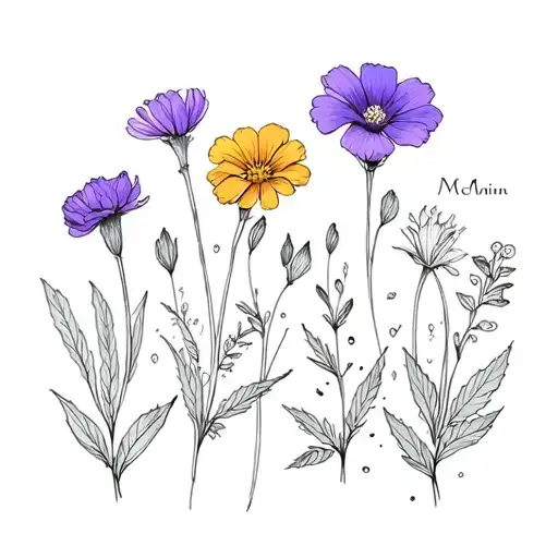 fine line violet, primrose, marigold, cosmo flower with Name McMinn tattoo design idea