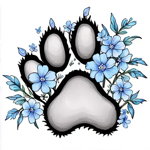 dog paw print with forget me not flowers tattoo design idea