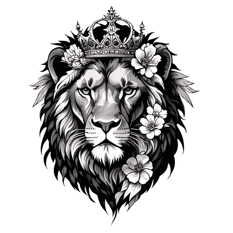 lion with crown, feathers, and flowers intertwined tattoo design idea