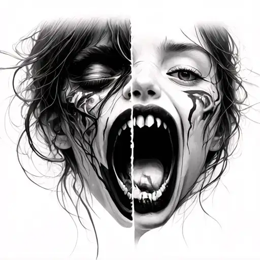 realism girl split face emotions one scream and cry  tattoo design idea