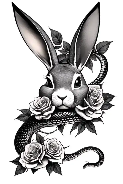 playboy bunny snake in the background and roses at the front tattoo design idea