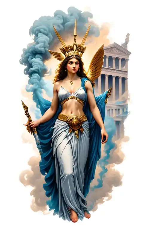 Artemis surrounded by smoke and Greek building in background  tattoo design idea