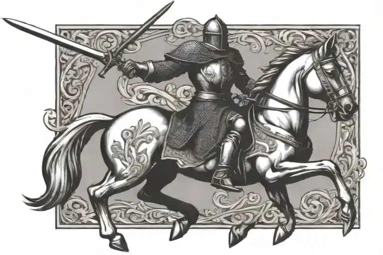 medieval knight holding sword riding horse running tattoo design idea