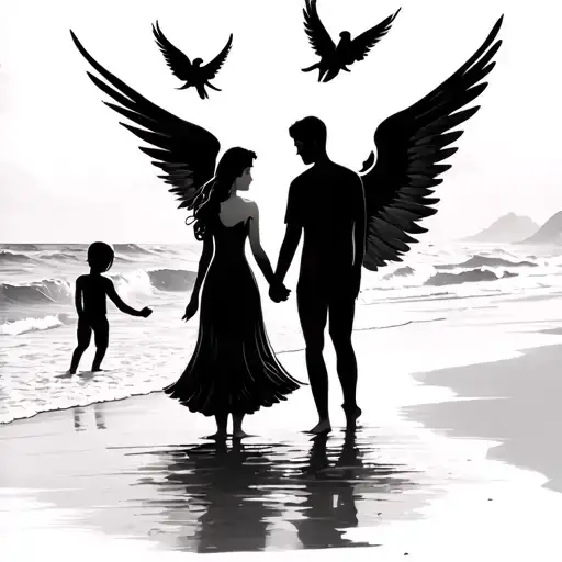Husband and wife holding hands at the beach with one baby boy angel flying at their back tattoo design idea