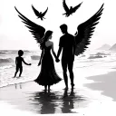 Husband and wife holding hands at the beach with one baby boy angel flying at their back tattoo design idea