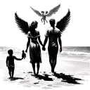 Husband and wife holding hands at the beach with one baby boy angel flying at their back tattoo design idea