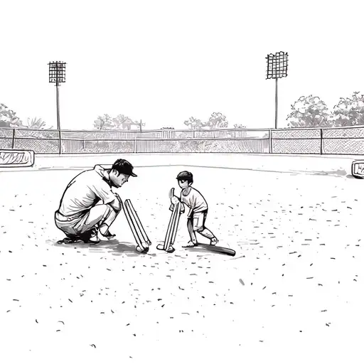 Sketch a cricket field with a father and two sons playing together, capturing the essence of family bonding tattoo design idea