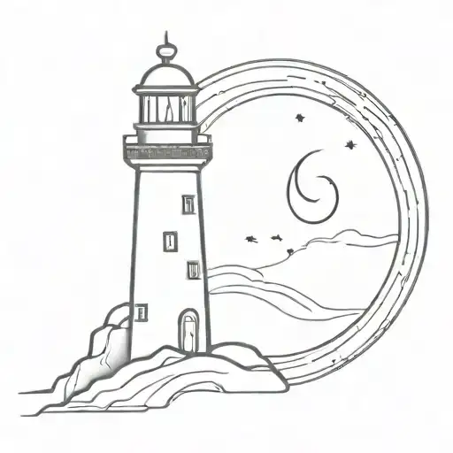 A lighthouse with keyhole. eye of Ra shining. crescent waning moon and constellation Orion tattoo design idea