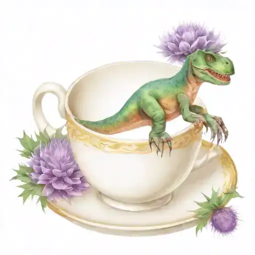 Tyrannosaurus rex drinking tea out of a china cup with thistles on it.  tattoo design idea