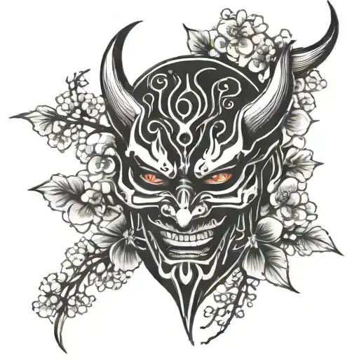 demon hanya mask with cherry blossoms tattoo design idea