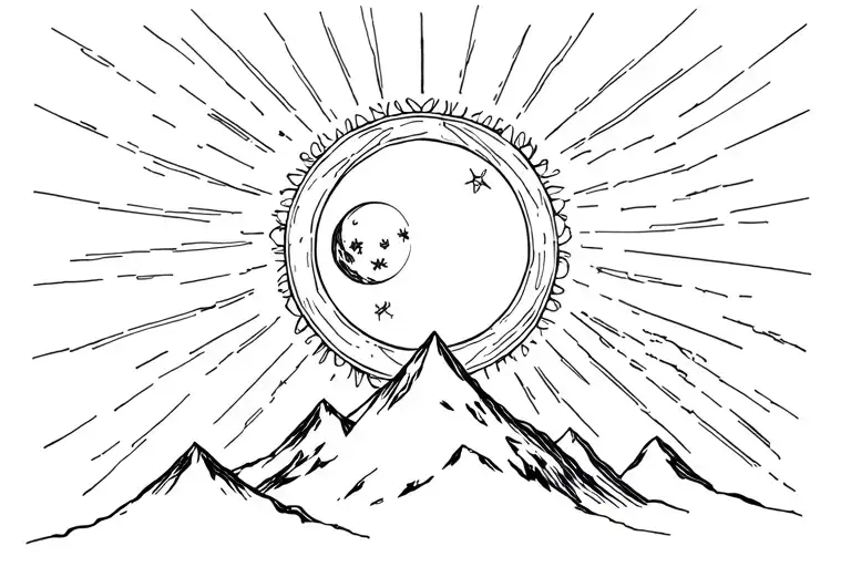 Mountain, sun rays, moon, ursa major, circlet, elegant fine ornamental tattoo design idea