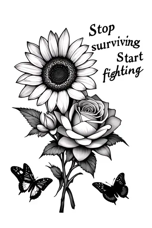 narcissus flower, aster flower, water lily, rose, daisy, sunflower, "stop surviving start fighting", butterflies tattoo design idea