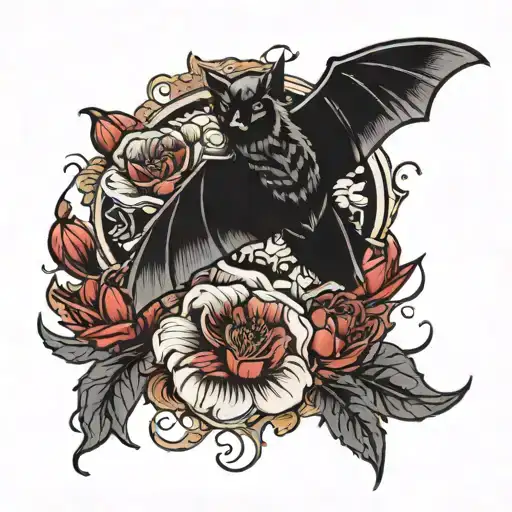 Red flowers with a black bat flying tattoo design idea