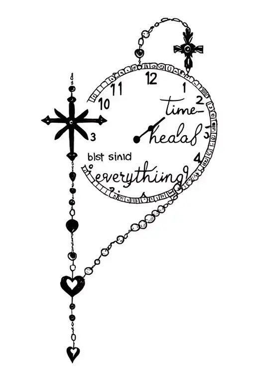 "time heals everything " rosary heart clock  tattoo design idea