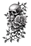 Vines with roses and thorns and skulls coming up the arm tattoo design idea
