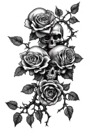 Vines with roses and thorns and skulls coming up the arm tattoo design idea