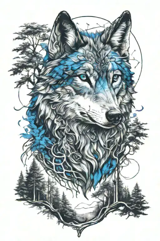 wolf in blue eyes howling forest scene tattoo design idea
