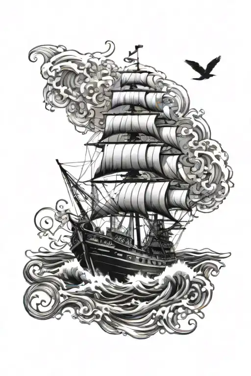 sea design. ship, lighthouse, compas neptun waves tattoo design idea