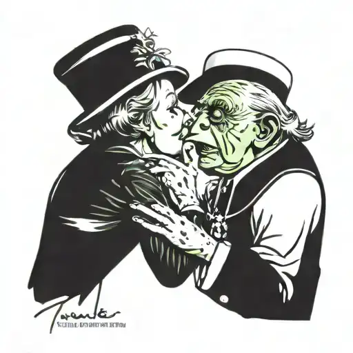 Margaret thatcher and kermit the frog kissing in front of the pope tattoo design idea
