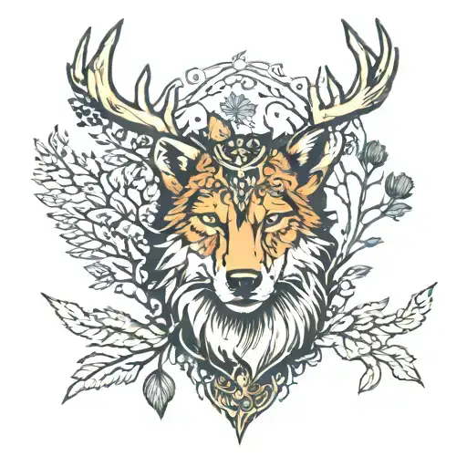 Artemis with wolf, bear, eagle, and deer head with trees tattoo design idea