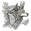 Artemis with wolf, bear, eagle, and deer head with trees tattoo design idea