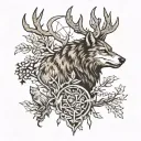 Artemis with wolf, bear, eagle, and deer head with trees tattoo design idea