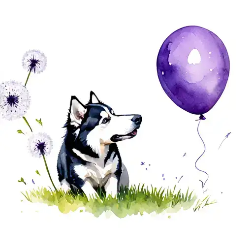 siberian husky, purple balloon flying, dandelion flower, elephant, tattoo design idea