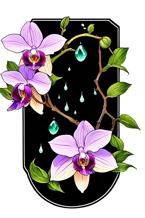cataleya orchid with jade stone and raindrops tattoo design idea