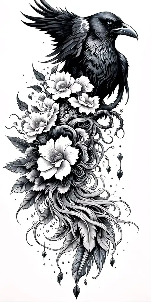 raven, medusa, flowers, waves, and feathers falling, butcher knife tattoo design idea