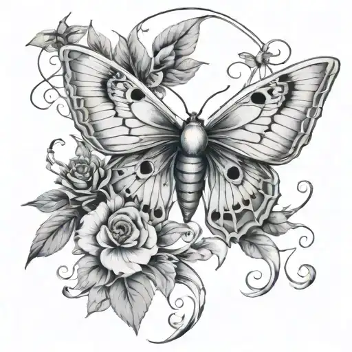 Create an image of a lunar moth tattoo design with human skulls in the wing design with flowers and vines underneath it tattoo design idea