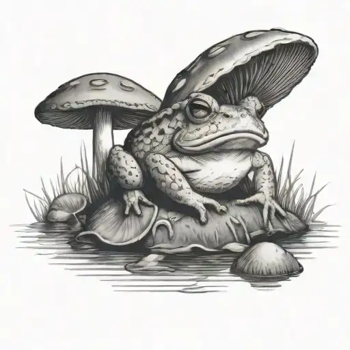 A toad sitting on a mushroom fishing on pond tattoo design idea