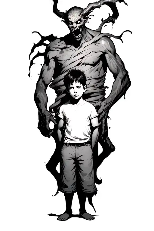 a boy standing with a scary demon towering behind wrapped around him tattoo design idea