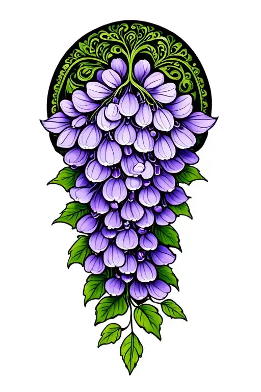 dark purple and green Paisley pattern with Wisteria flower cluster across it tattoo design idea