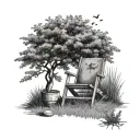 lawn chair under a tree with lavander flowers aand a dr peper and ppepsi cann tattoo design idea