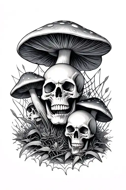 skulls and mushrooms with spider webs tattoo design idea