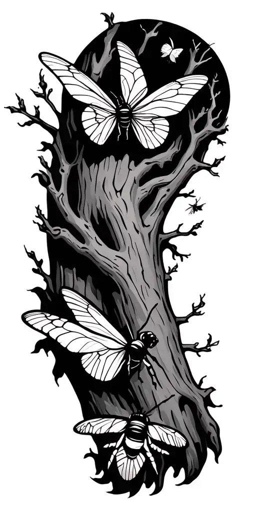 puca from Irish folklore in tree branch bee and butterfly flying near  tattoo design idea