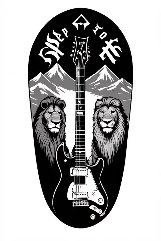 Mountains in background with Sleep Token band logo and a lion on each side (smaller) and an e-guitar (middle, foreground tattoo design idea