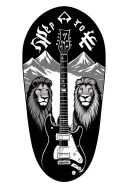 Mountains in background with Sleep Token band logo and a lion on each side (smaller) and an e-guitar (middle, foreground tattoo design idea