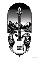 Mountains in background with Sleep Token band logo and a lion on each side (smaller) and an e-guitar (middle, foreground tattoo design idea