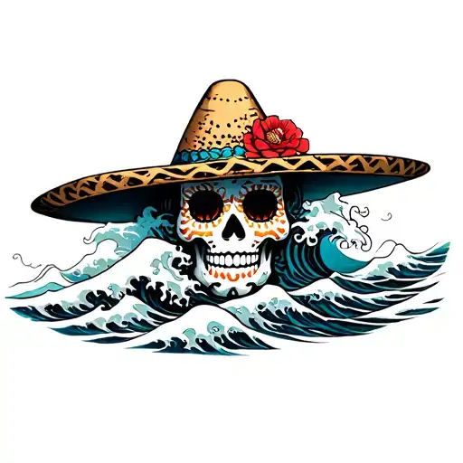 Mexican sugar skull wearing sombrero surrounded by japanese waves flowing tattoo design idea