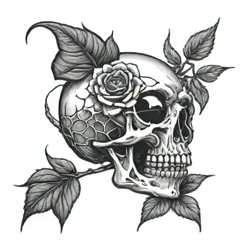 A spider crawling out of a skull's eye socket with a rose in its grasp tattoo design idea