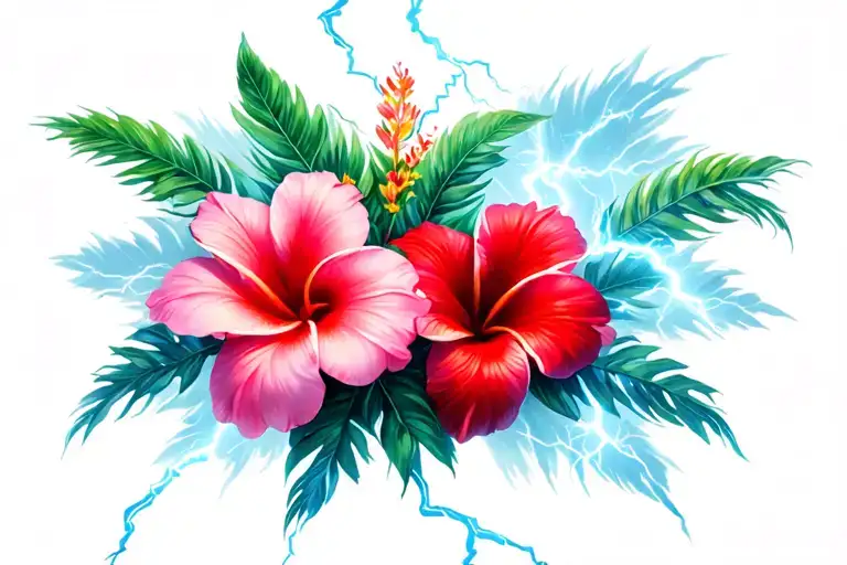 A lightning storm surrounding two Hawaiian flowers, one pink one red with a penguin tattoo design idea